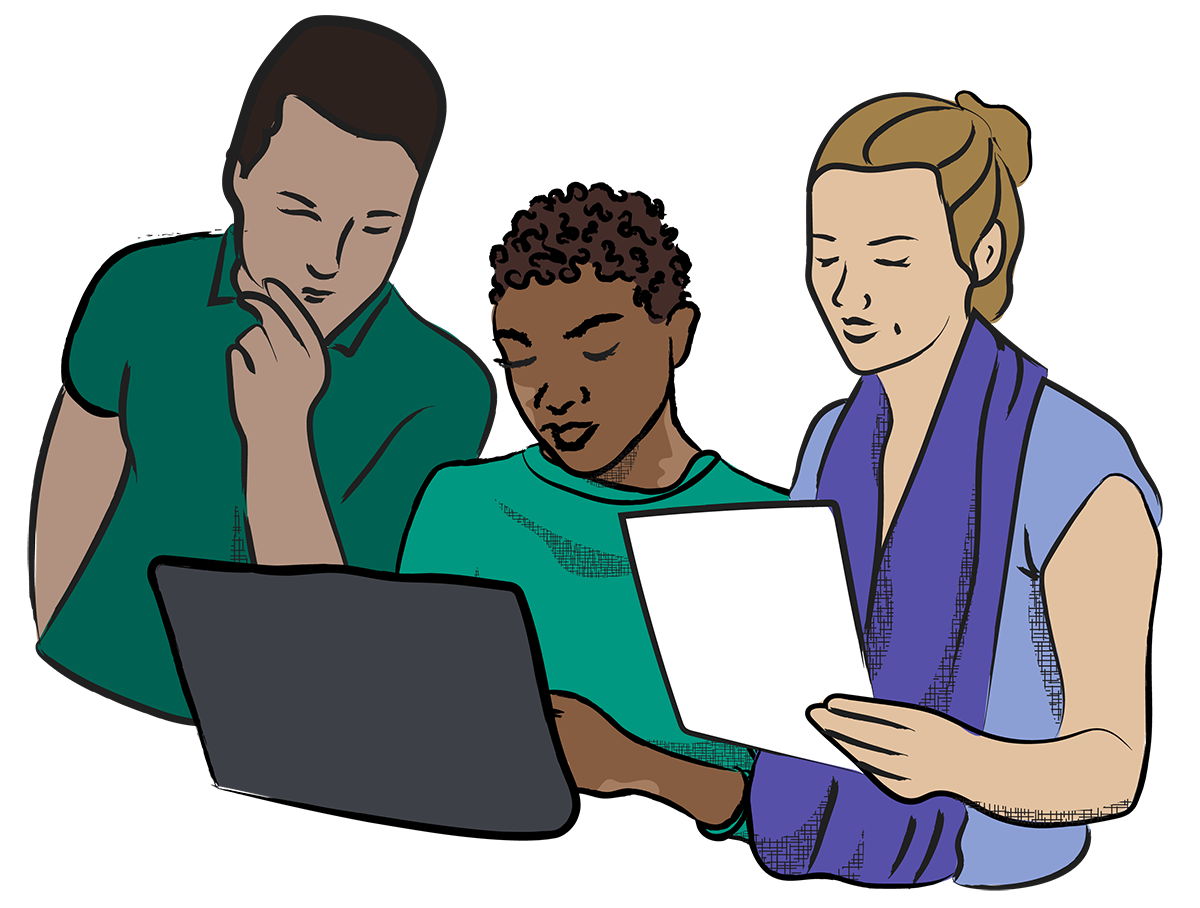 Illustration of three people looking at a laptop and some documents together