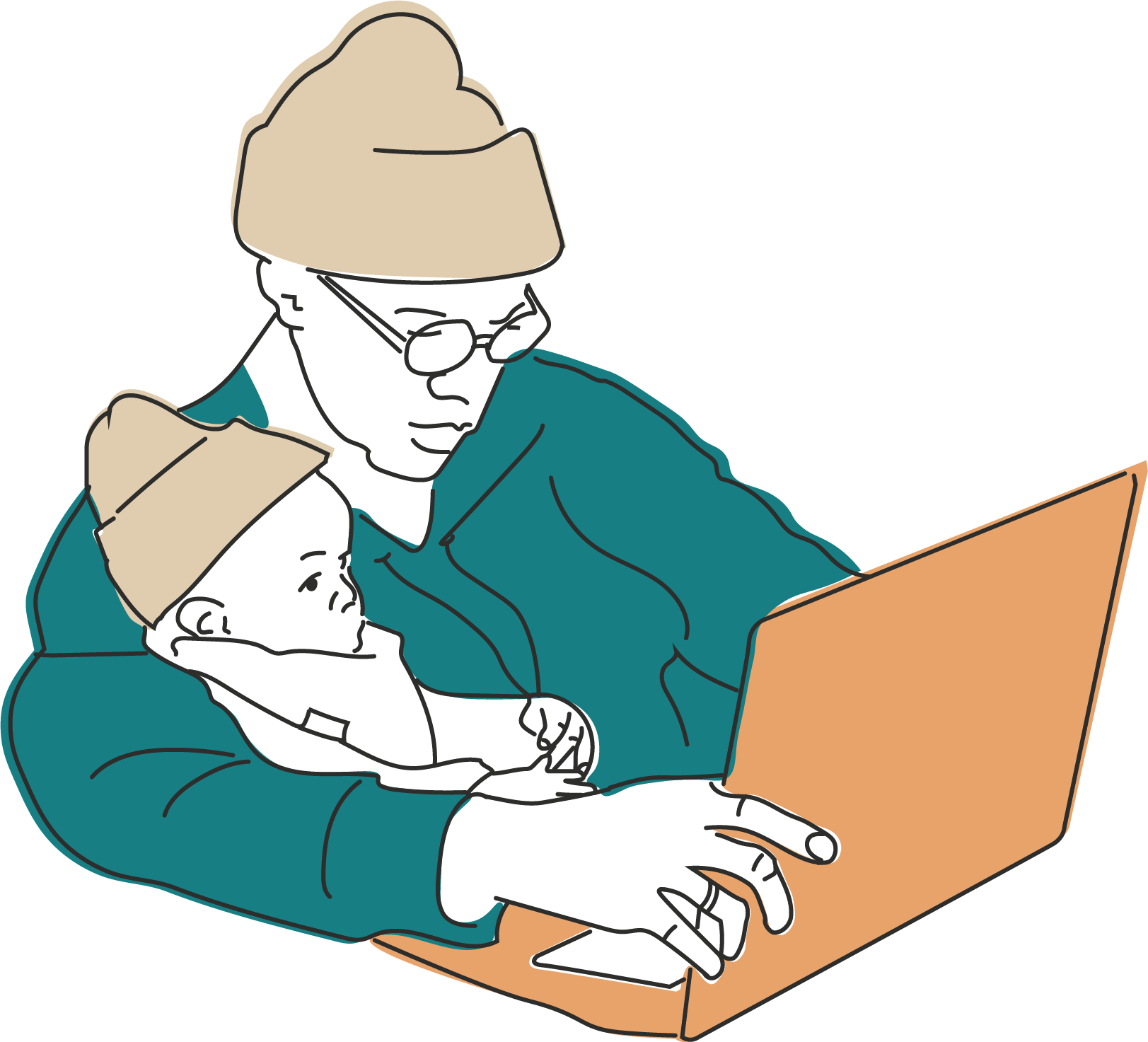 Illustration of a man using his computer, holding his baby on his lap