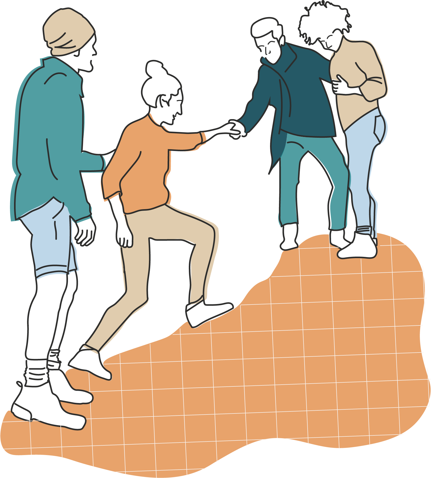 Illustration of four people climbing a hill, with one person helping another up